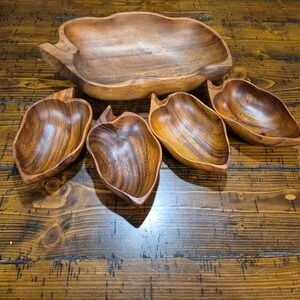 Vtg 1960s MCM Hand Carved Monkey Pod Salad Bowl Set Hawaii Handmade Cottage